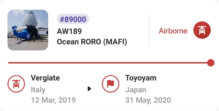 Shipment #89000 AW189 Ocean RORO from Vergiate to Toyoyam, airborne